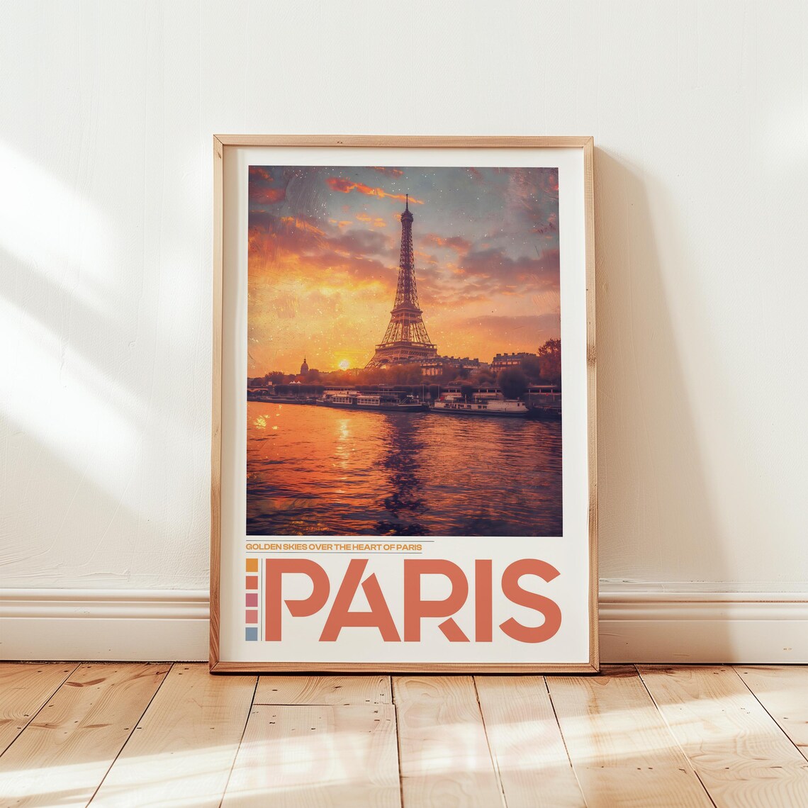 Paris France Travel Poster Eiffel Tower At Sunset Seine Golden Sky City View