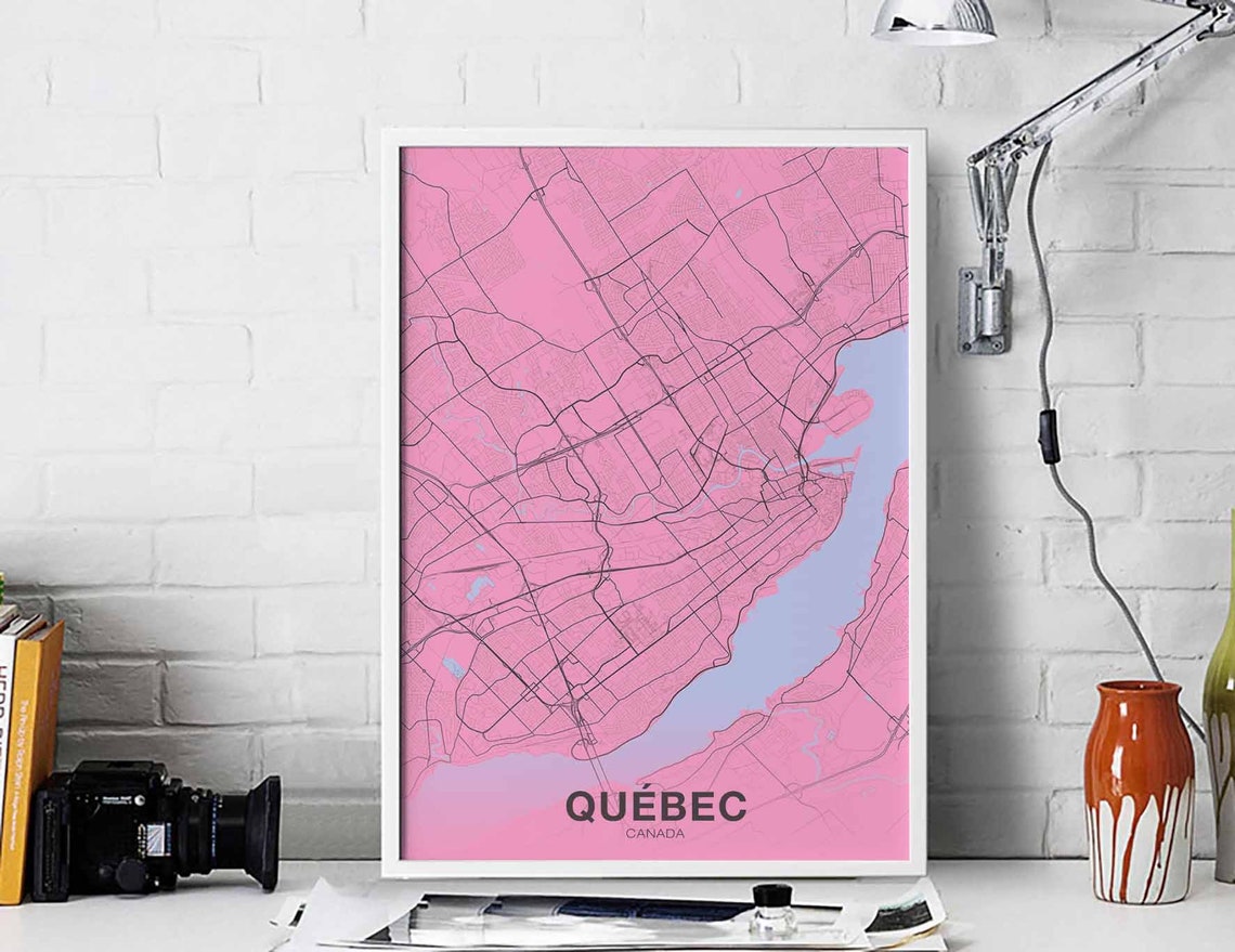 Quebec Canada Pink Modern Hometown Chic City Street Map Poster