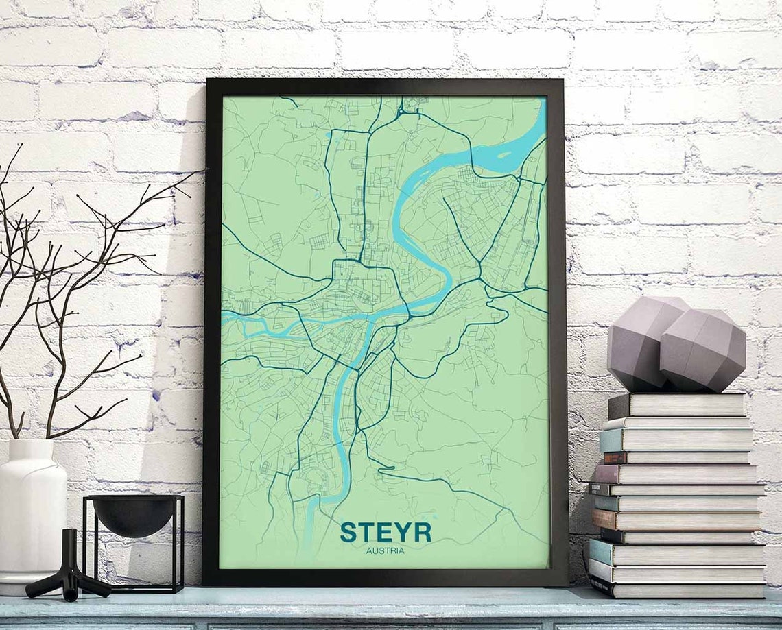 Steyr Austria Mint Green City Street Map Modern Travel Poster