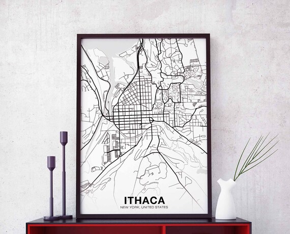 Ithaca New York Ny Usa Map Poster Black White Hometown City Print Modern Home Decor Office Decoration Wall Art Dorm Bedroom Gift