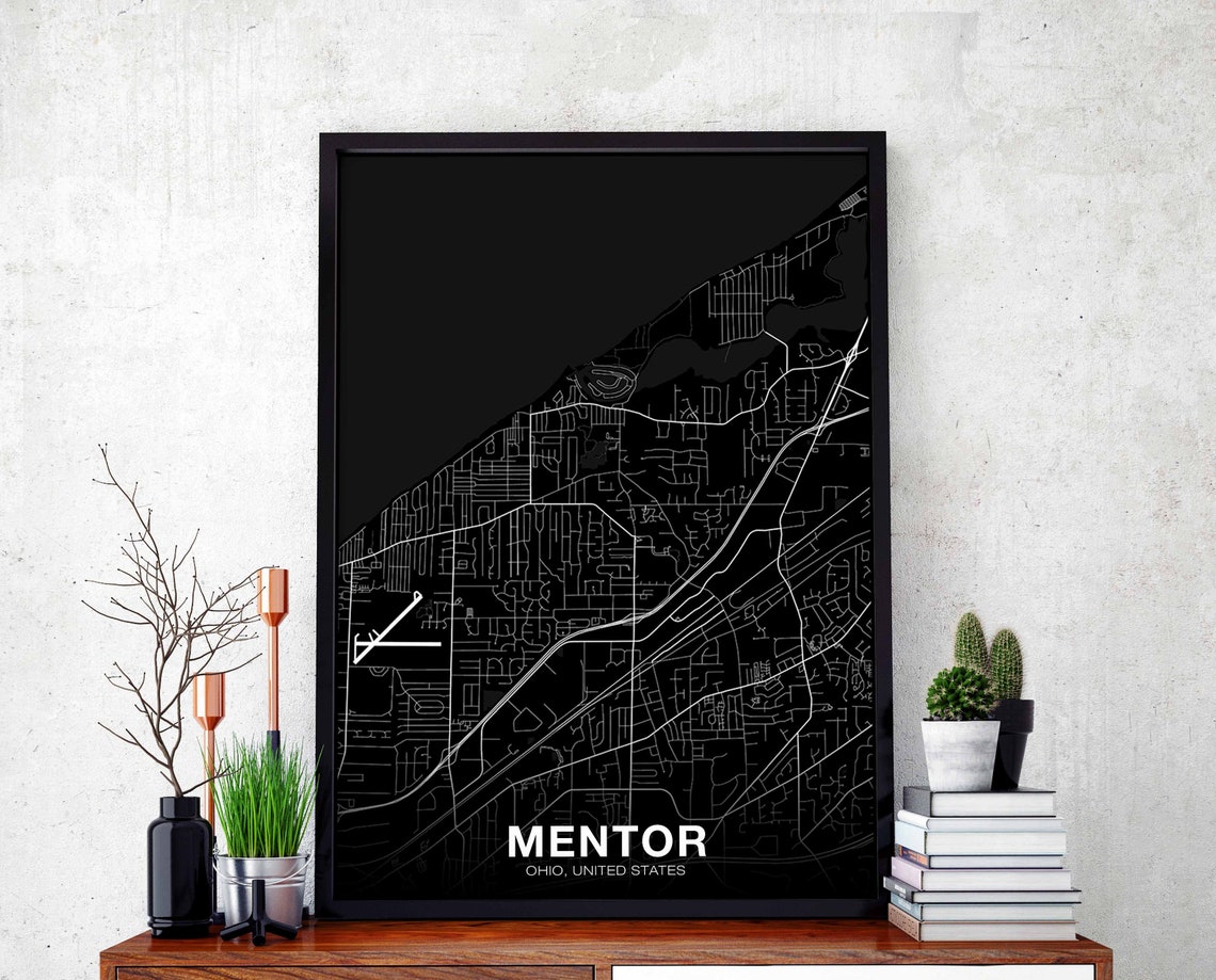 Mentor Ohio Lakeside Black Minimalist City Street Map Poster