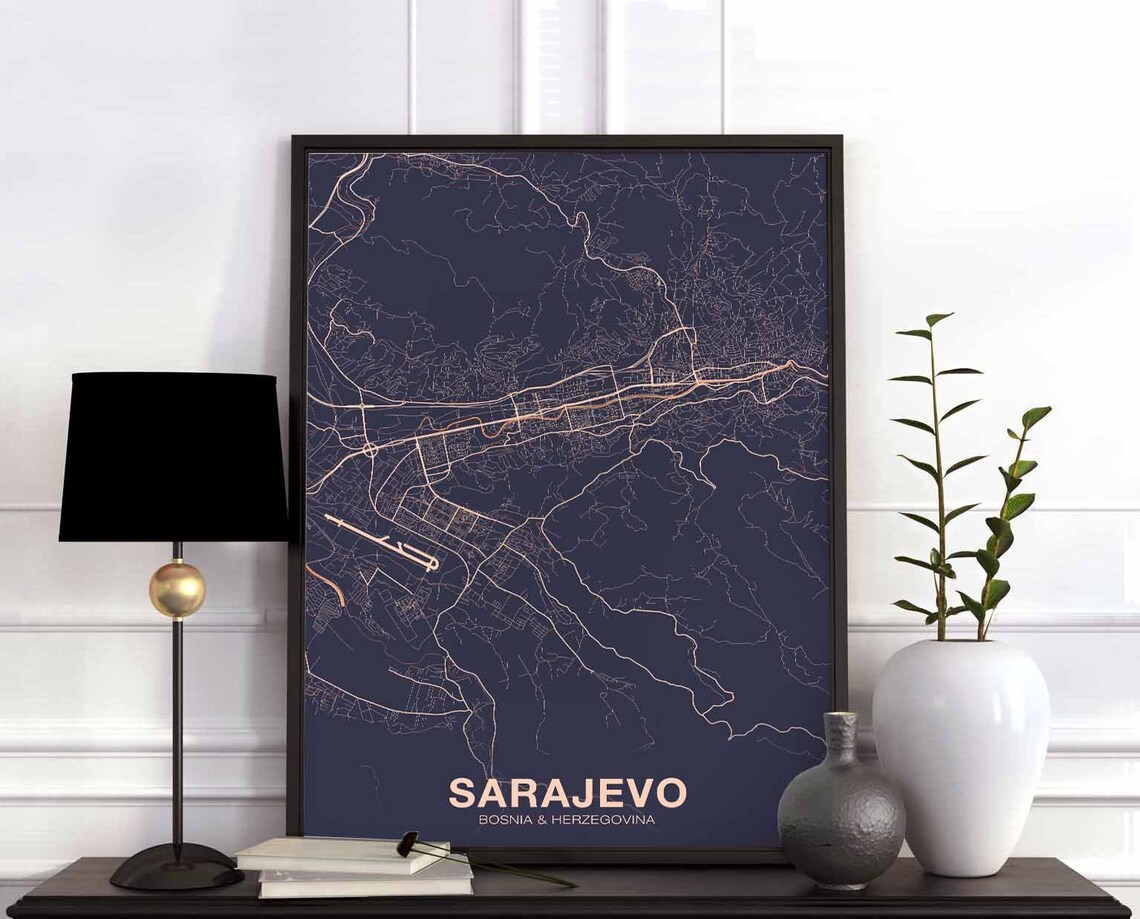 Sarajevo Bosnia Herzegovina Dark Navy Night City Street Map Poster