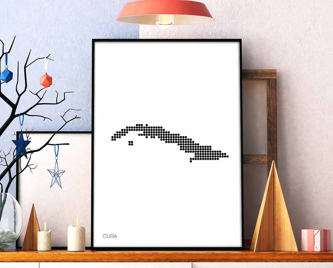 Cuba Island Dotted Map Retro Minimalist Black White Wall Art