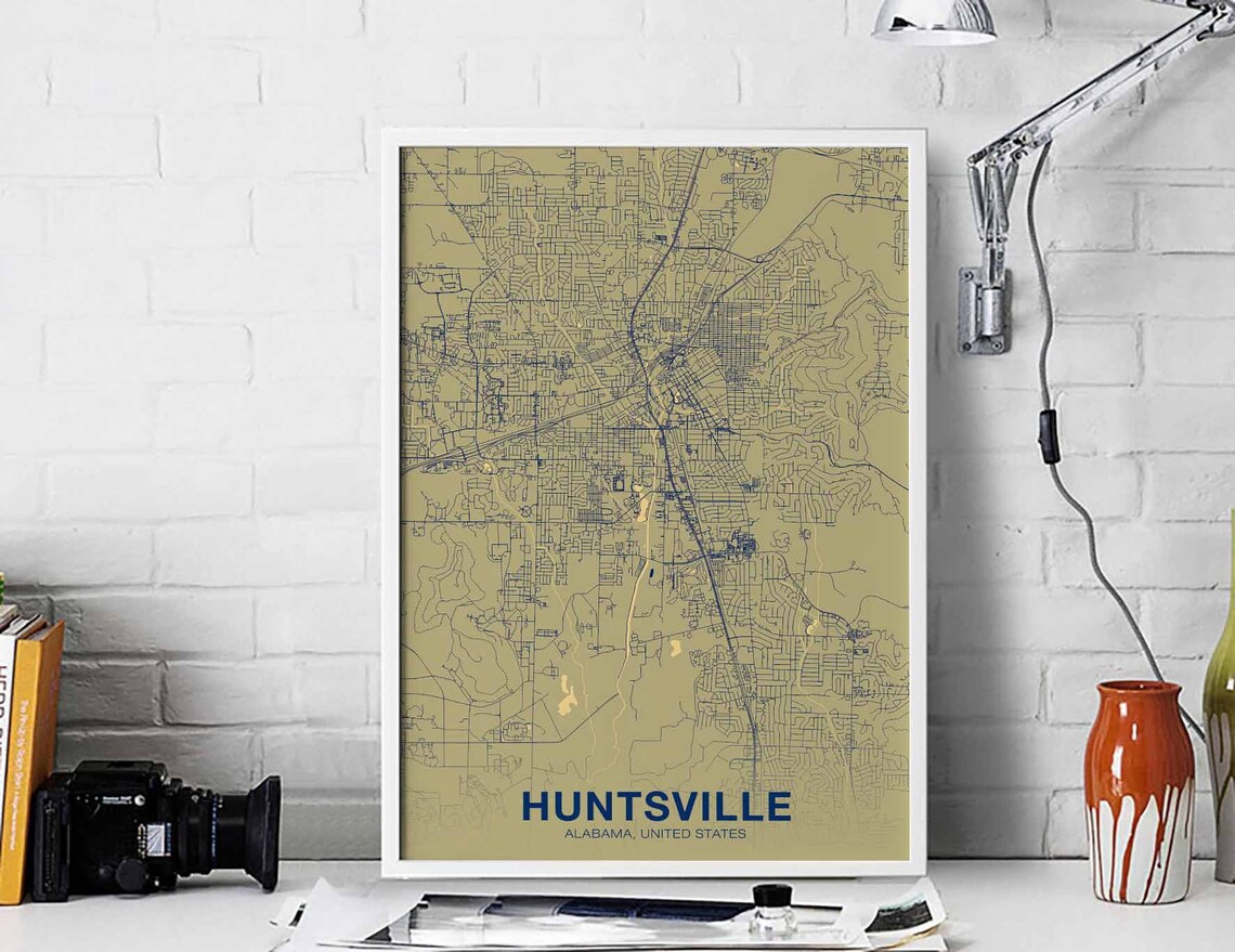 Huntsville Alabama Beige and Blue Minimalist City Street Map Poster