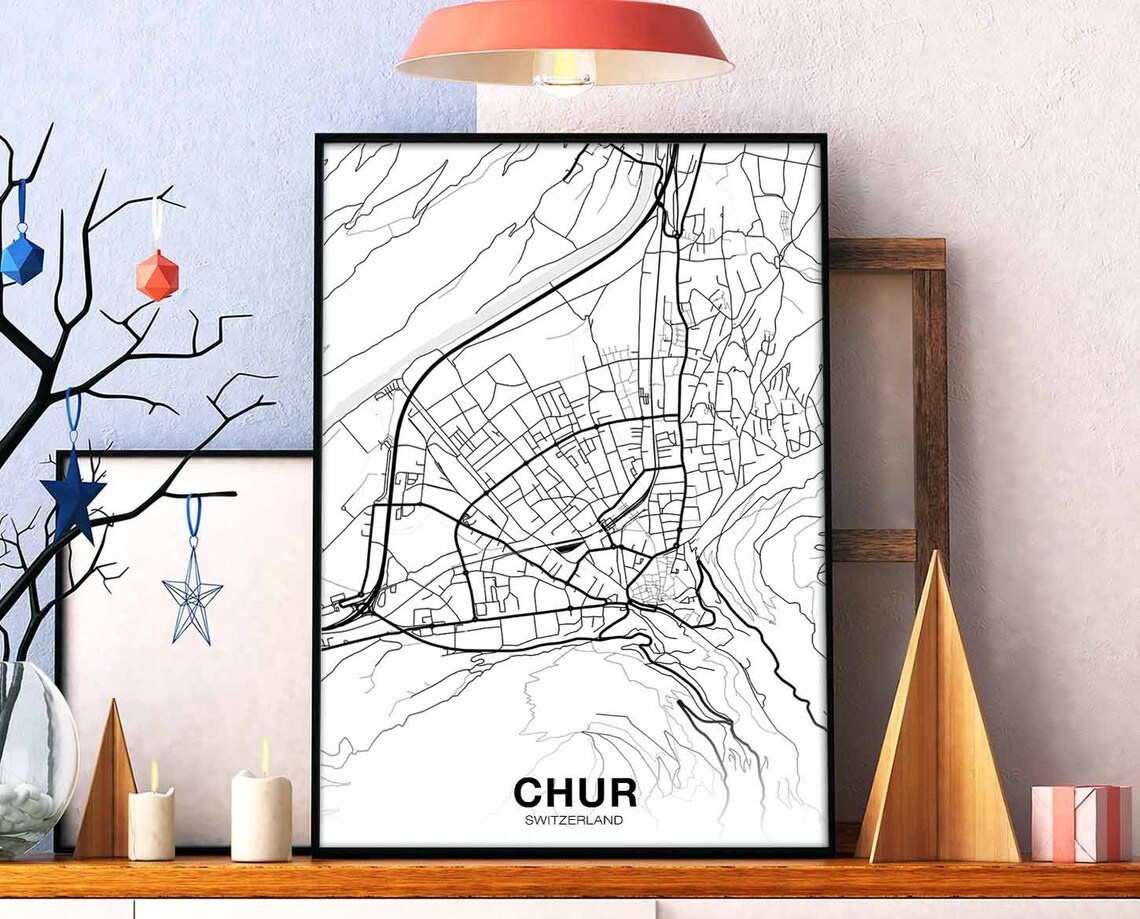 Chur Switzerland Map Poster, Black White Travel Print