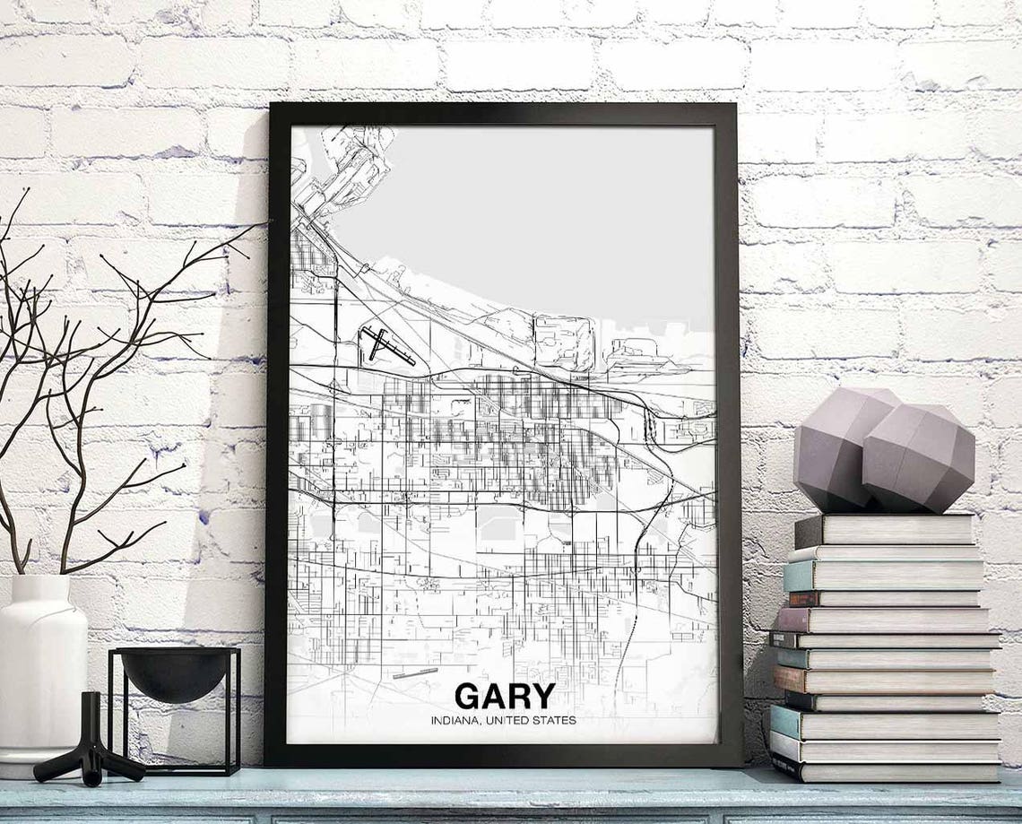 Gary Indiana United States Black and White City Street Map Poster