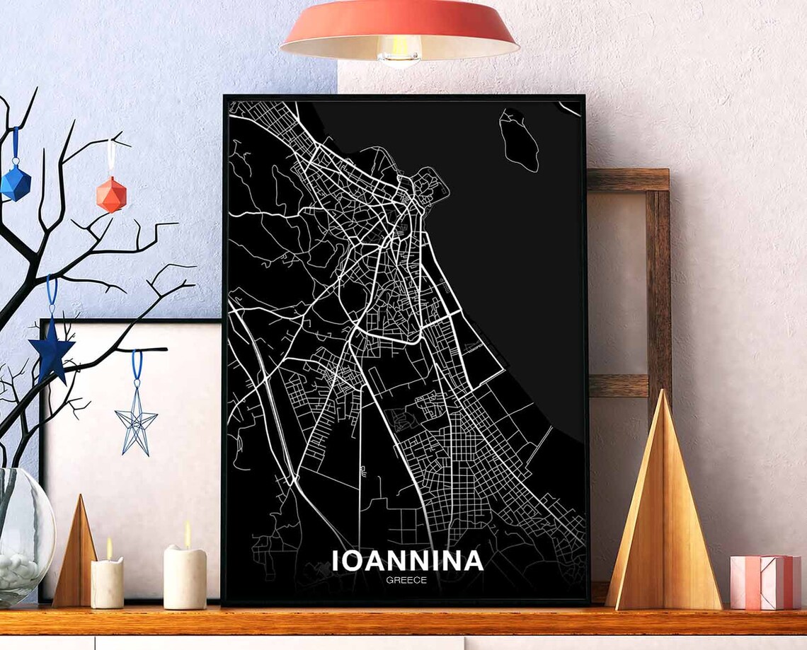 Ioannina Greece Black and White Minimalist City Street Map Art Poster