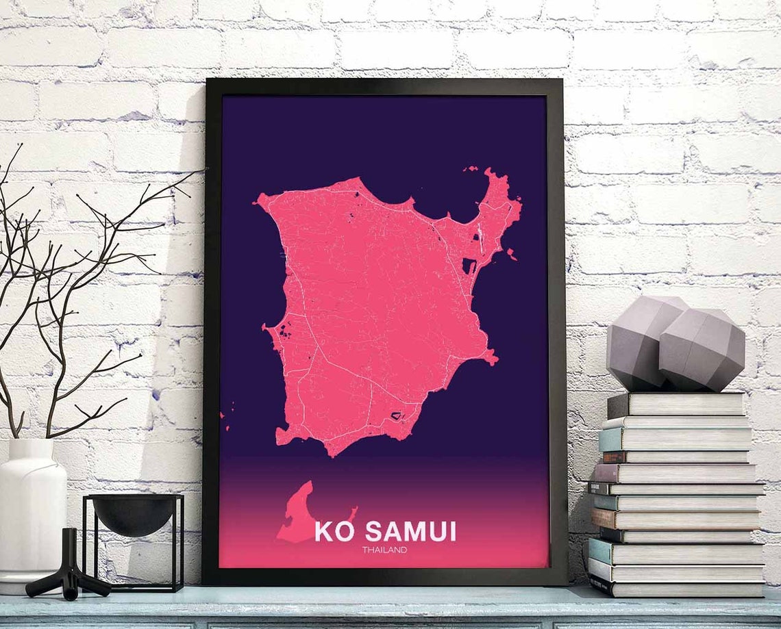 Ko Samui Thailand Bold Pink Tropical Island Map Modern Travel Poster