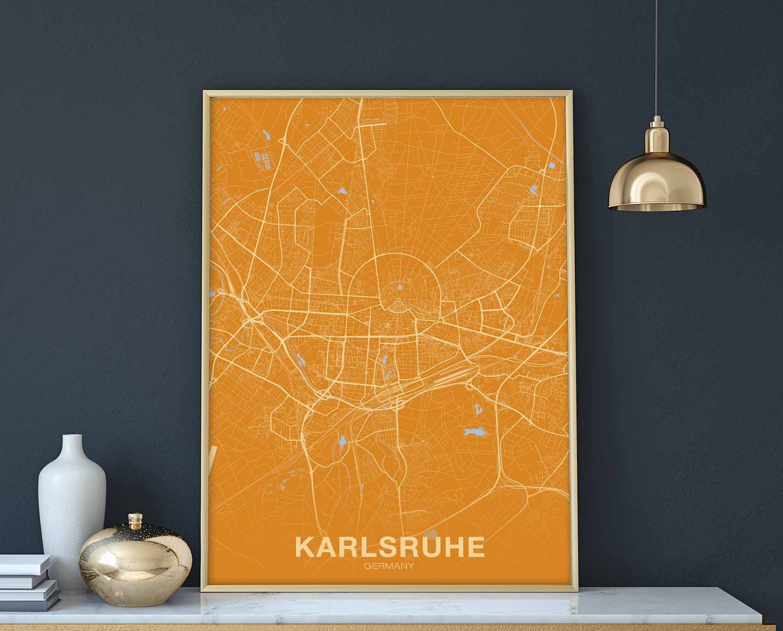 Karlsruhe Germany Map Poster Orange Background Modern City Street Art