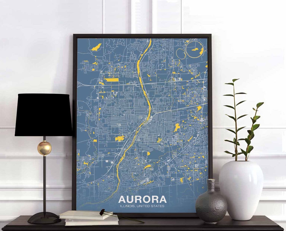 Stylish Aurora Illinois Blue And Gold Detailed City Map Wall Art
