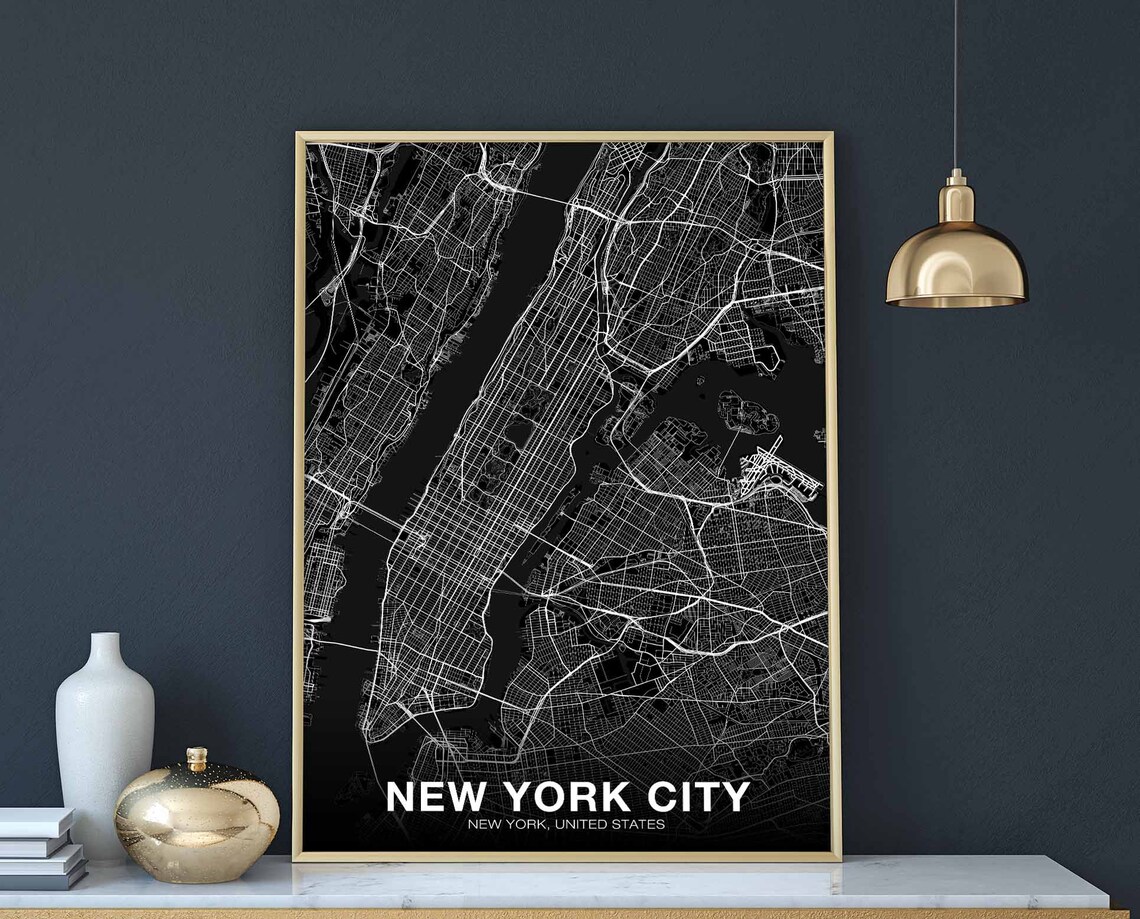 New York City Black White Street Map Manhattan Minimal Art Poster