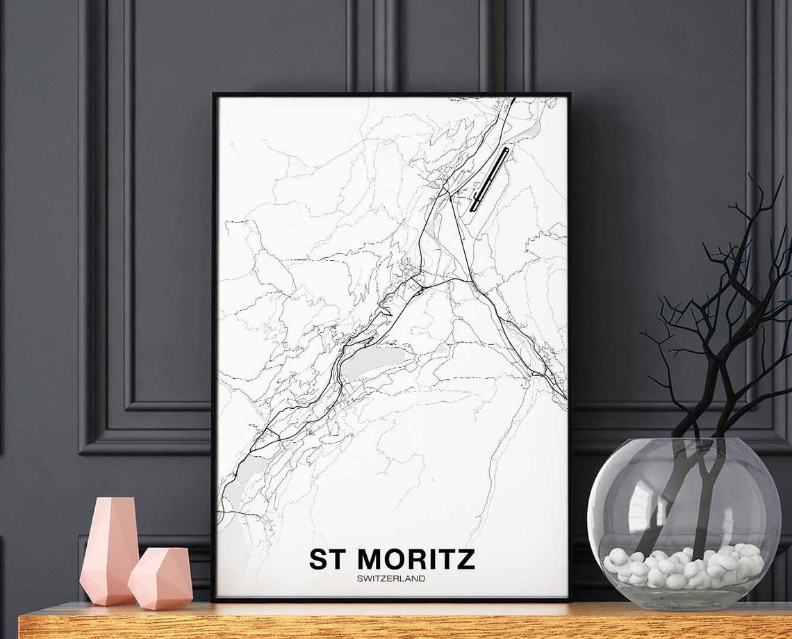 St Moritz Switzerland White Minimalist City Street Map Ski Town Poster