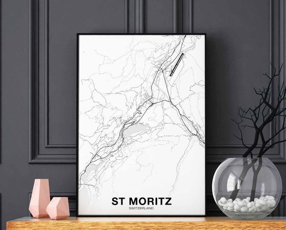St Moritz Switzerland Map Poster Black White Hometown City Print Modern Home Decor Office Decoration Wall Art Dorm Bedroom Gift