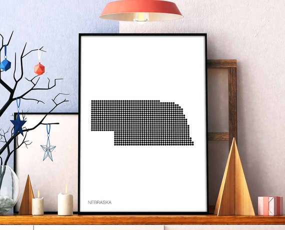 Nebraska Us State Retro Map Poster, Minimal Dots