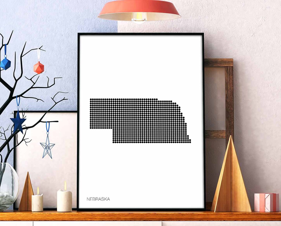 Nebraska Us State Retro Map Poster, Minimal Dots