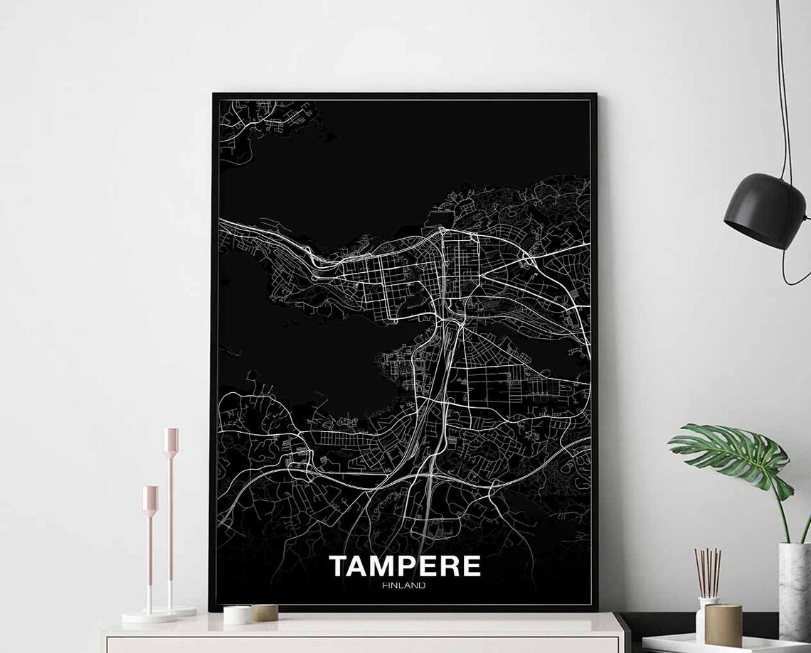 Tampere Finland Black Street Map Poster Modern Minimalist Art