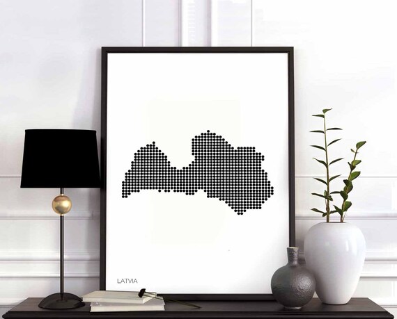 Latvia Minimal Dots Retro Map Poster Black White Wall Decor Design Modern Swiss Scandinavian Nordic Housewarming Travel