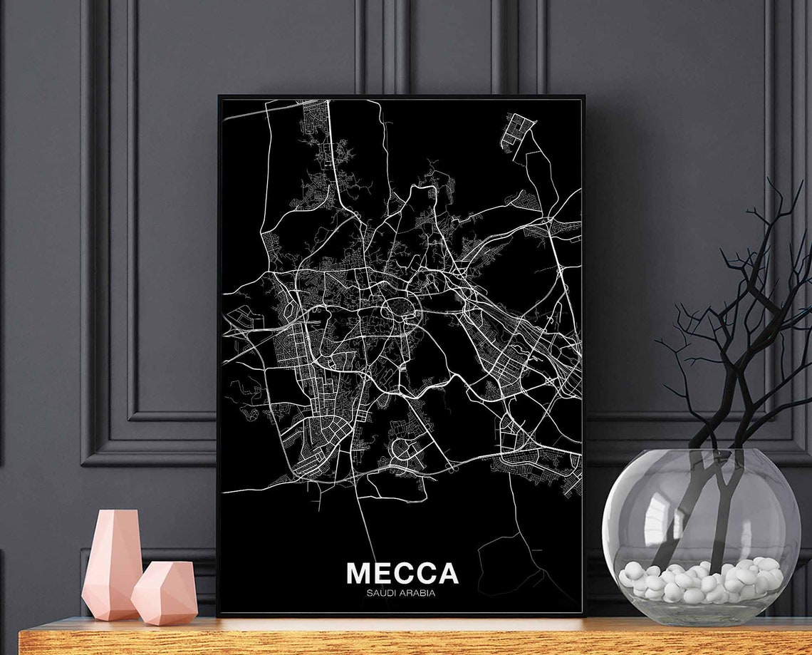 Mecca Saudi Arabia City Map Black Night Style Modern Decor Poster