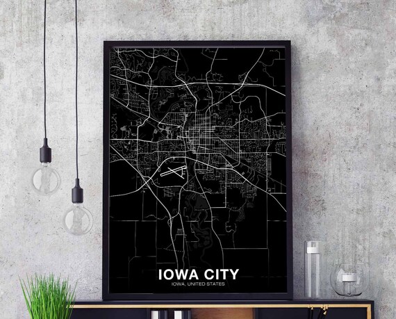 Iowa City Ia Usa Map Poster Black White Hometown Print Modern Home Decor Office Decoration Wall Art Dorm Bedroom Gift