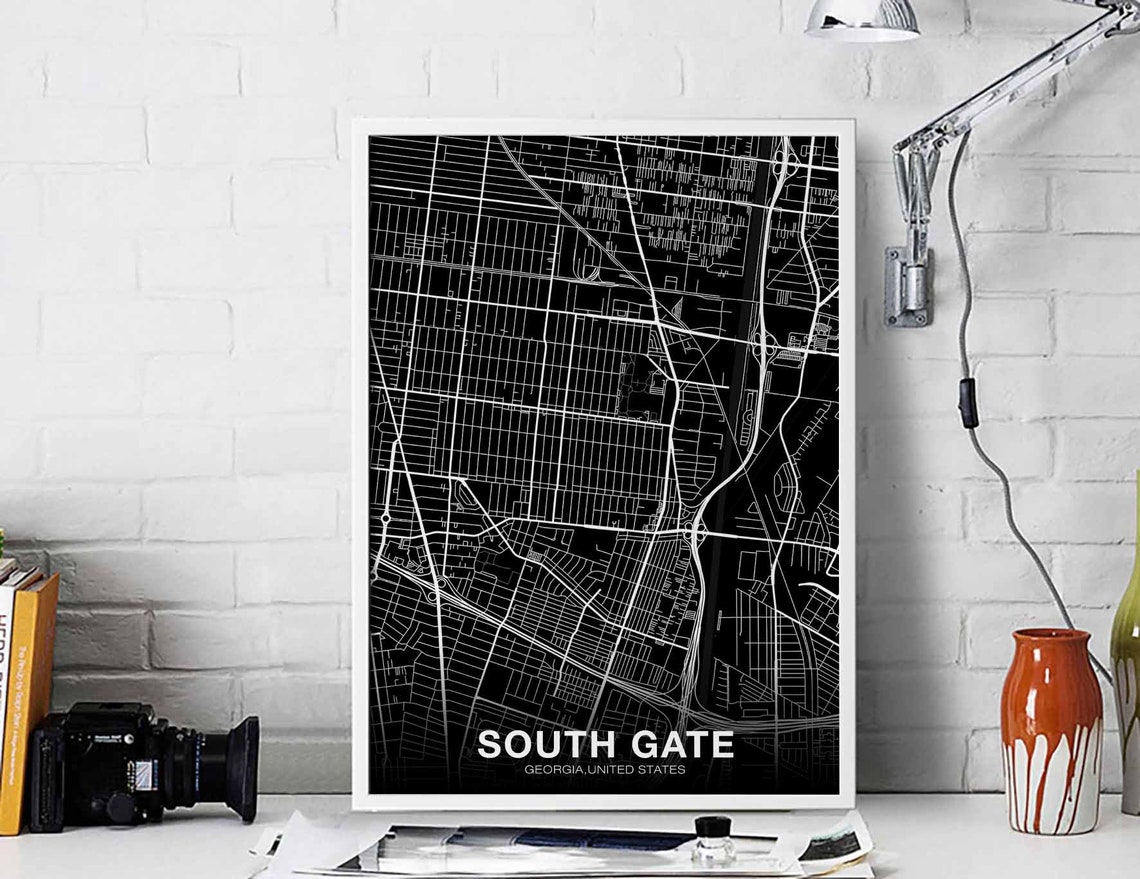 South Gate Georgia USA Black White City Street Map Decor Poster