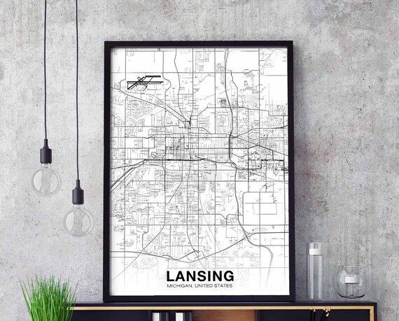 Lansing Michigan Mi Usa Map Poster Black White Hometown City Print Modern Home Decor Office Decoration Wall Art Dorm Bedroom Gift