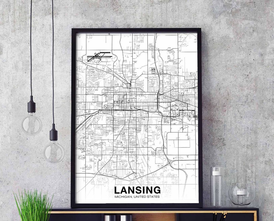 Lansing Michigan Black White City Street Map Modern Hometown Poster