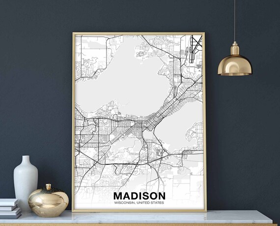 Madison Wisconsin Wi Usa Map Poster Black White Hometown City Print Modern Home Decor Office Decoration Wall Art Dorm Bedroom Gift