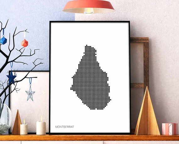 Montserrat Minimal Dots Retro Map Poster Black White Wall Decor Design Modern Swiss Scandinavian Nordic Housewarming Travel