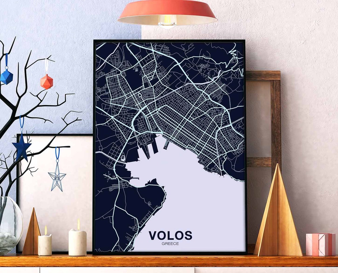 Volos Greece Night Blue Poster Print