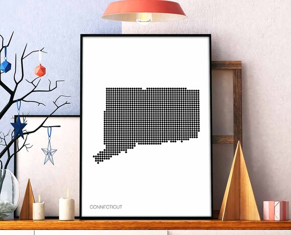 Connecticut Us State Minimal Dots Retro Map Poster Black White Wall Decor Design Modern Swiss Scandinavian Nordic Housewarming Travel