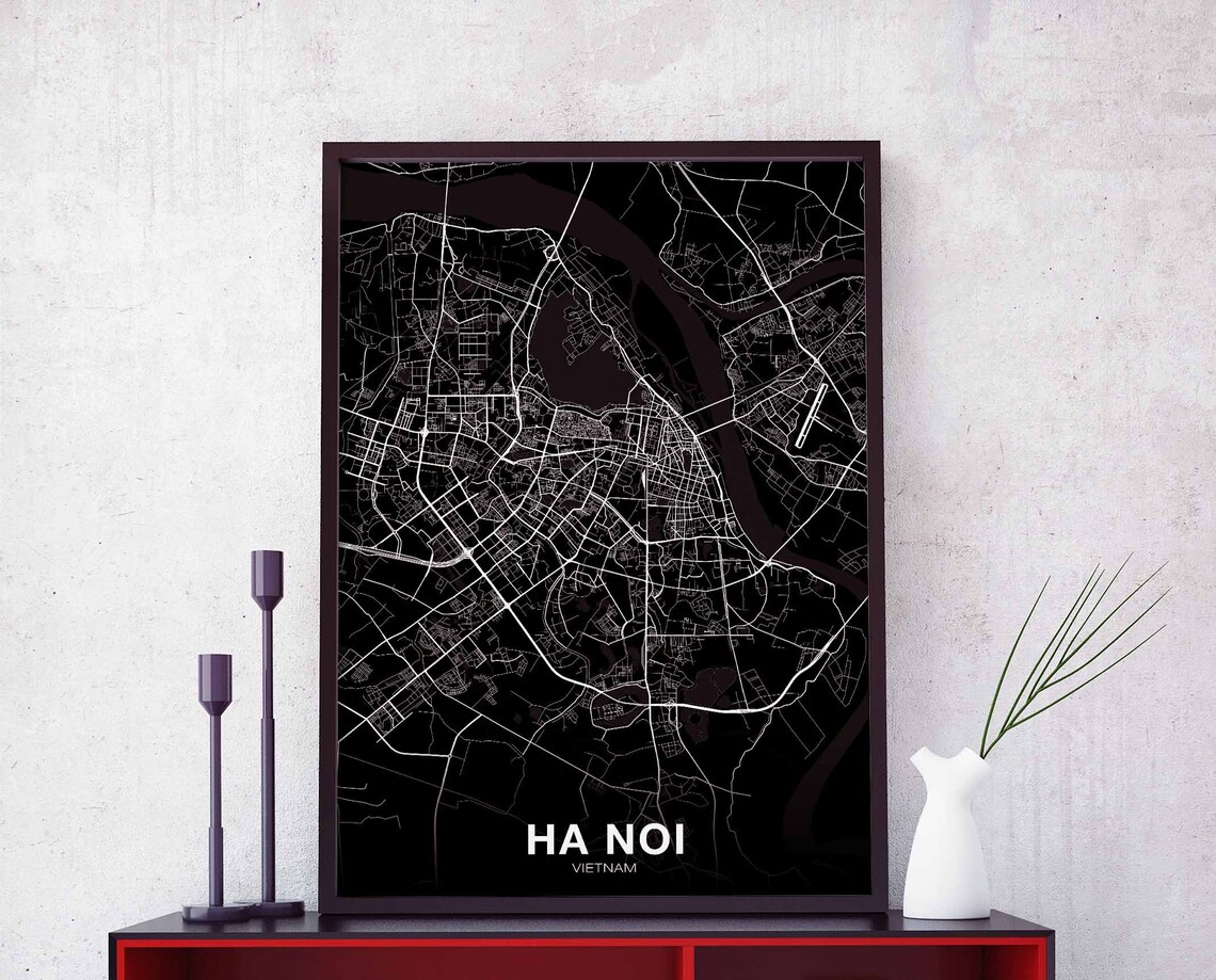 Ha Noi Vietnam City Map White Line Black Background Art Poster