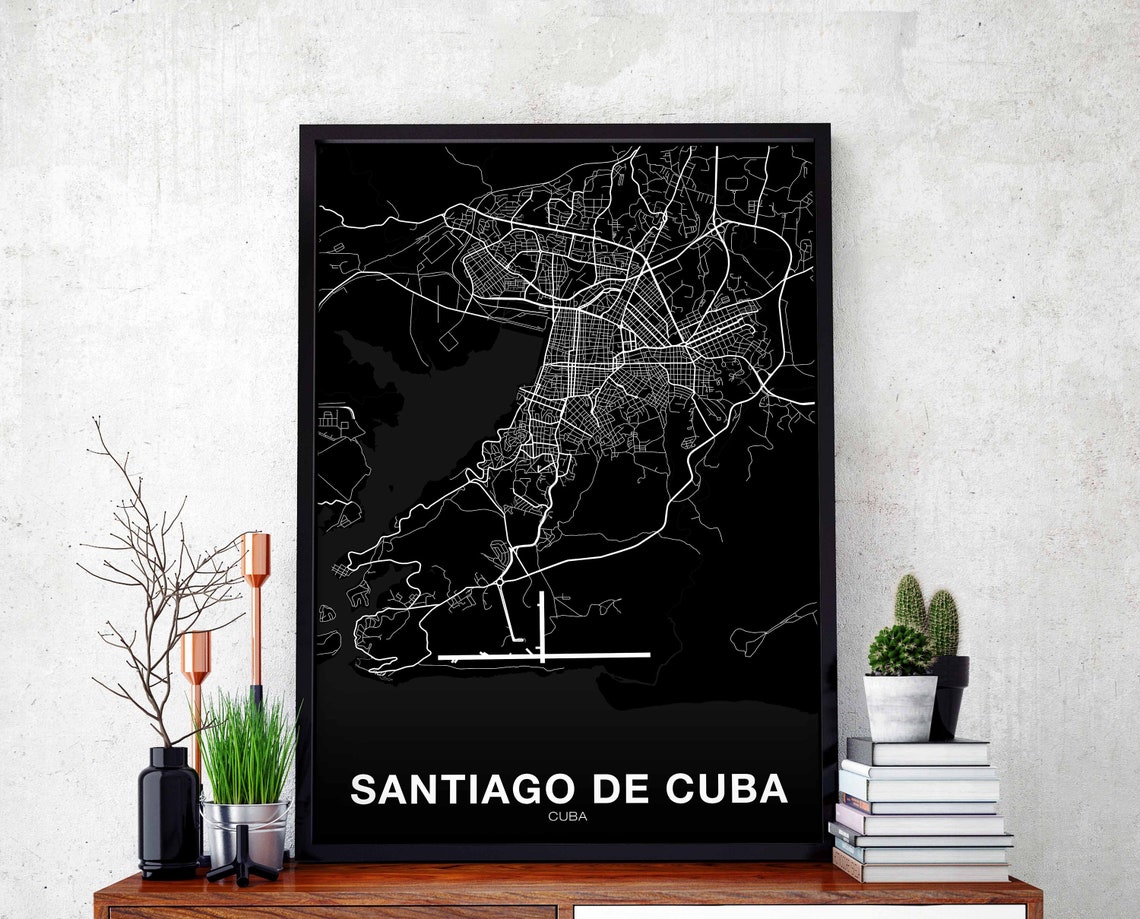 Santiago De Cuba City Map Poster White On Black Modern Cartography
