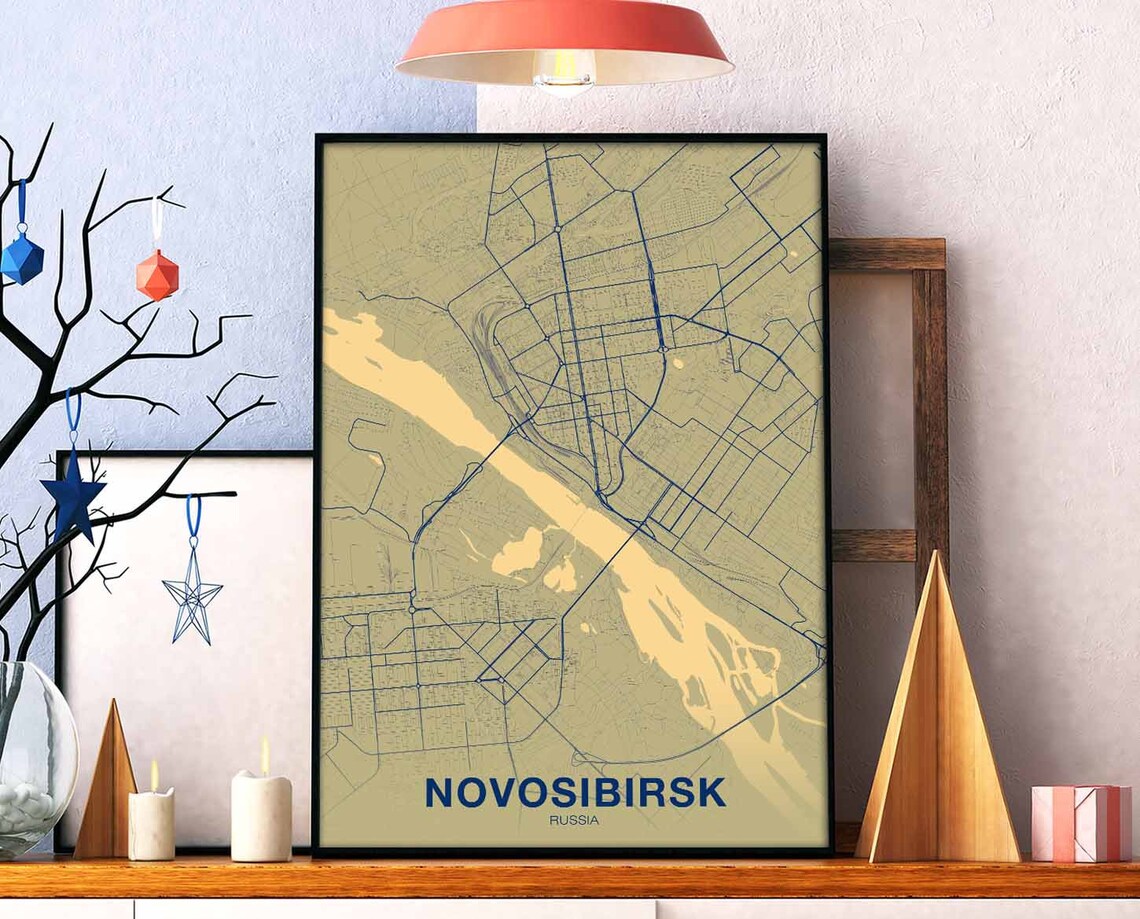 Novosibirsk Russia City Map Navy Blue Vintage Street Grid Poster