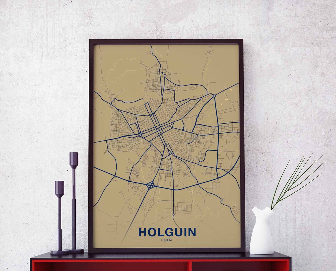 Holguin Cuba City Map Warm Beige and Navy Minimalist Hometown Poster