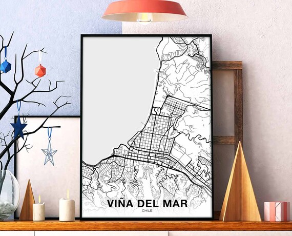 Vina Del Mar Chile Map Poster Black White Hometown City Print Modern Home Decor Office Decoration Wall Art Dorm Bedroom Gift
