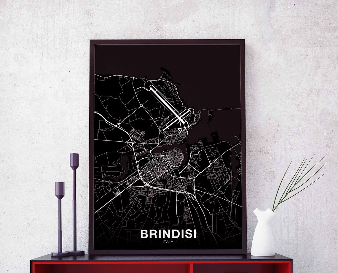 Brindisi Italy City Street Map White on Black Modern Minimalist Poster