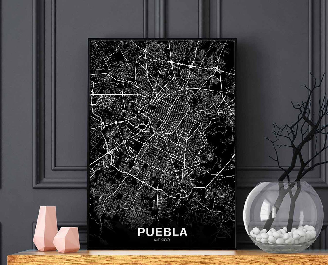 Puebla Mexico Black Minimalist City Map Poster For Modern Home Decor