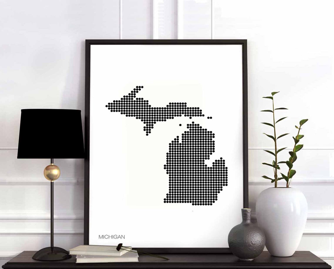 Michigan Dotted Grid Map Black and White Minimalist Wall Poster
