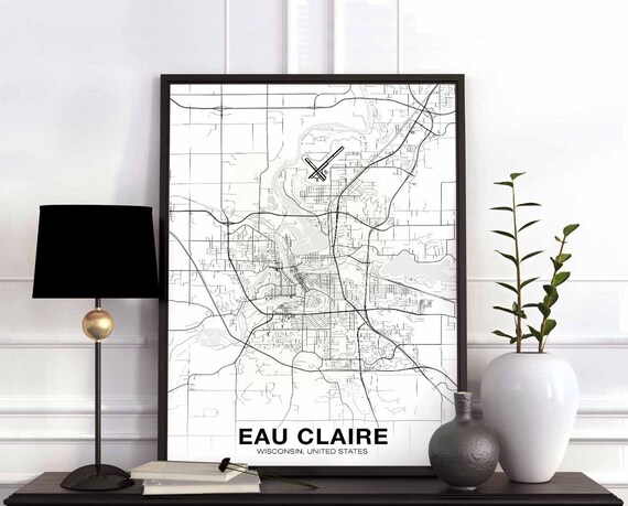 Eau Claire Wisconsin Wi Usa Map Poster Black White Hometown City Print Modern Home Decor Office Decoration Wall Art Dorm Bedroom Gift