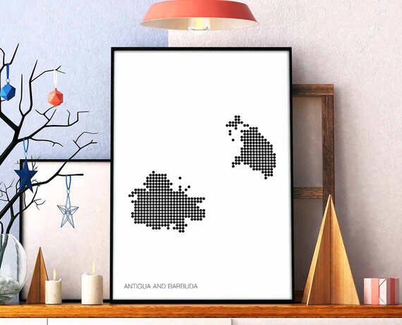 Antigua Barbuda Minimal Dots Retro Map Poster Black White Wall Decor Design Modern Swiss Scandinavian Nordic Housewarming Travel Bedroom
