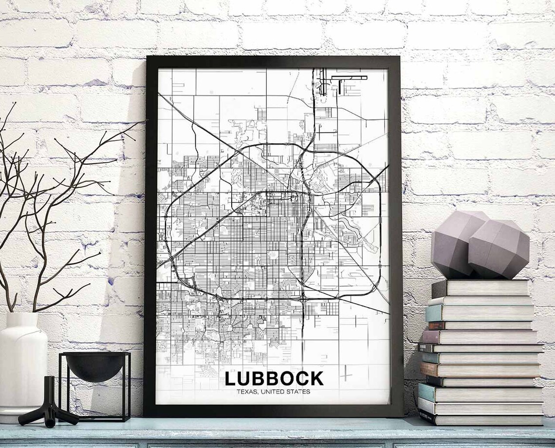 Lubbock Texas Minimalist Monochrome City Street Map Wall Art