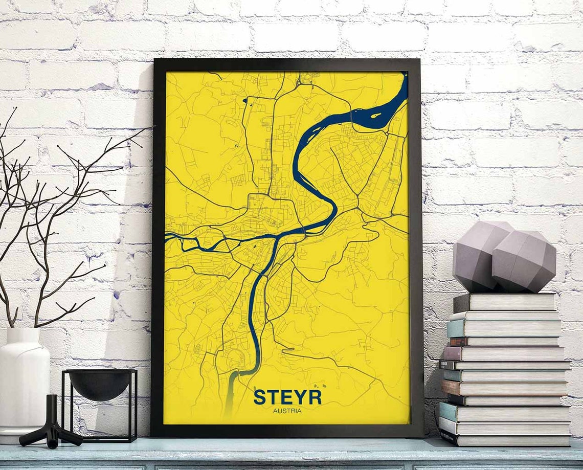 Steyr Austria Bright Yellow Blue City Street Map Poster Decor