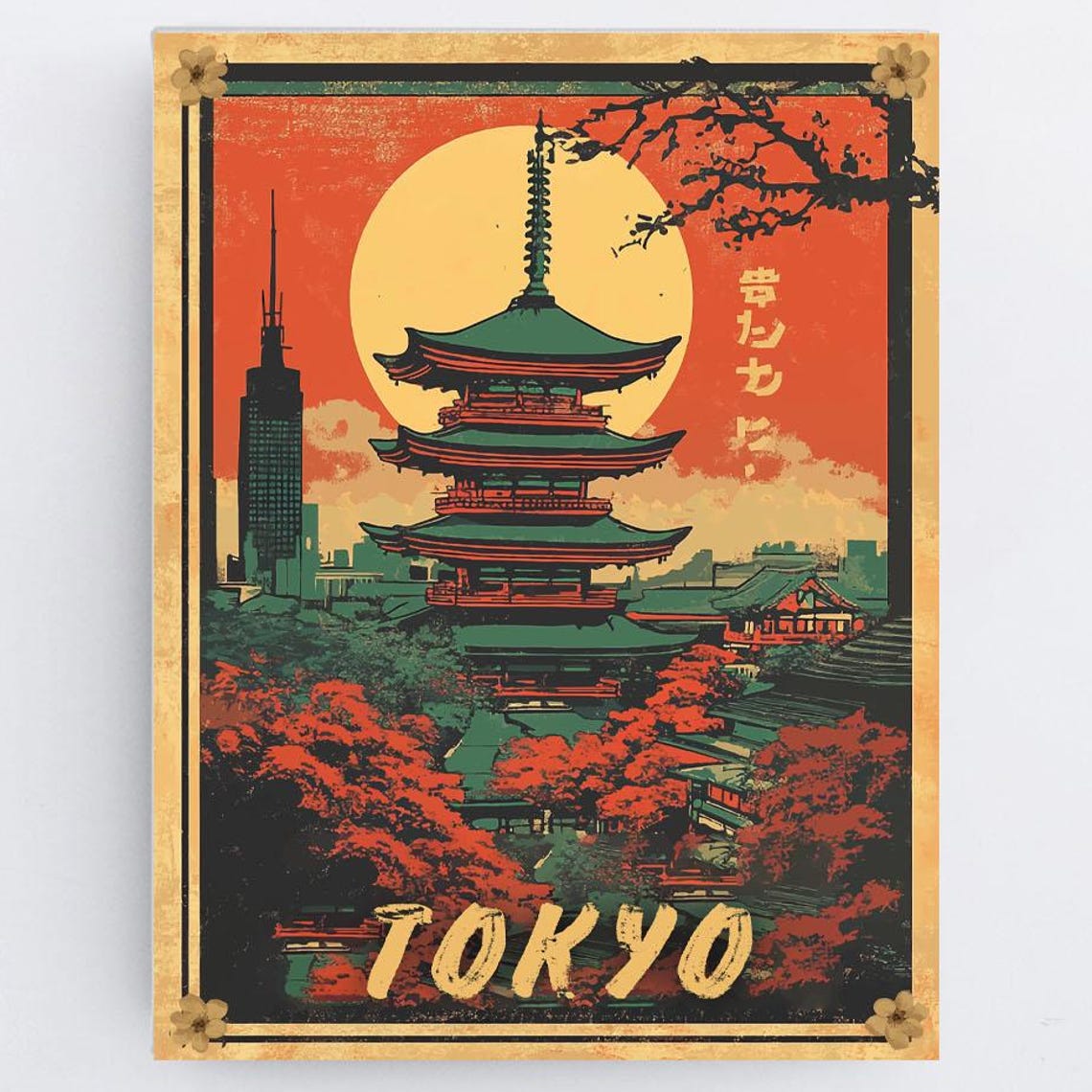 Tokyo Five Story Pagoda Sunset Temple Retro Vintage Travel Poster