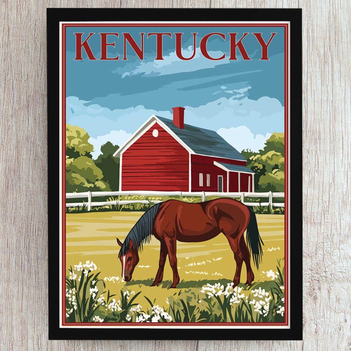 Kentucky Red Barn Horse Pasture Farm Fence Vintage Travel Poster