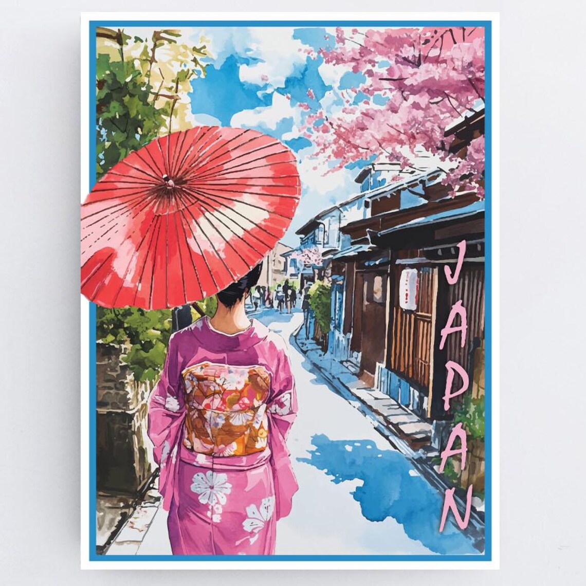 Japan Kyoto Cherry Blossom Kimono Parasol Watercolor Travel Poster