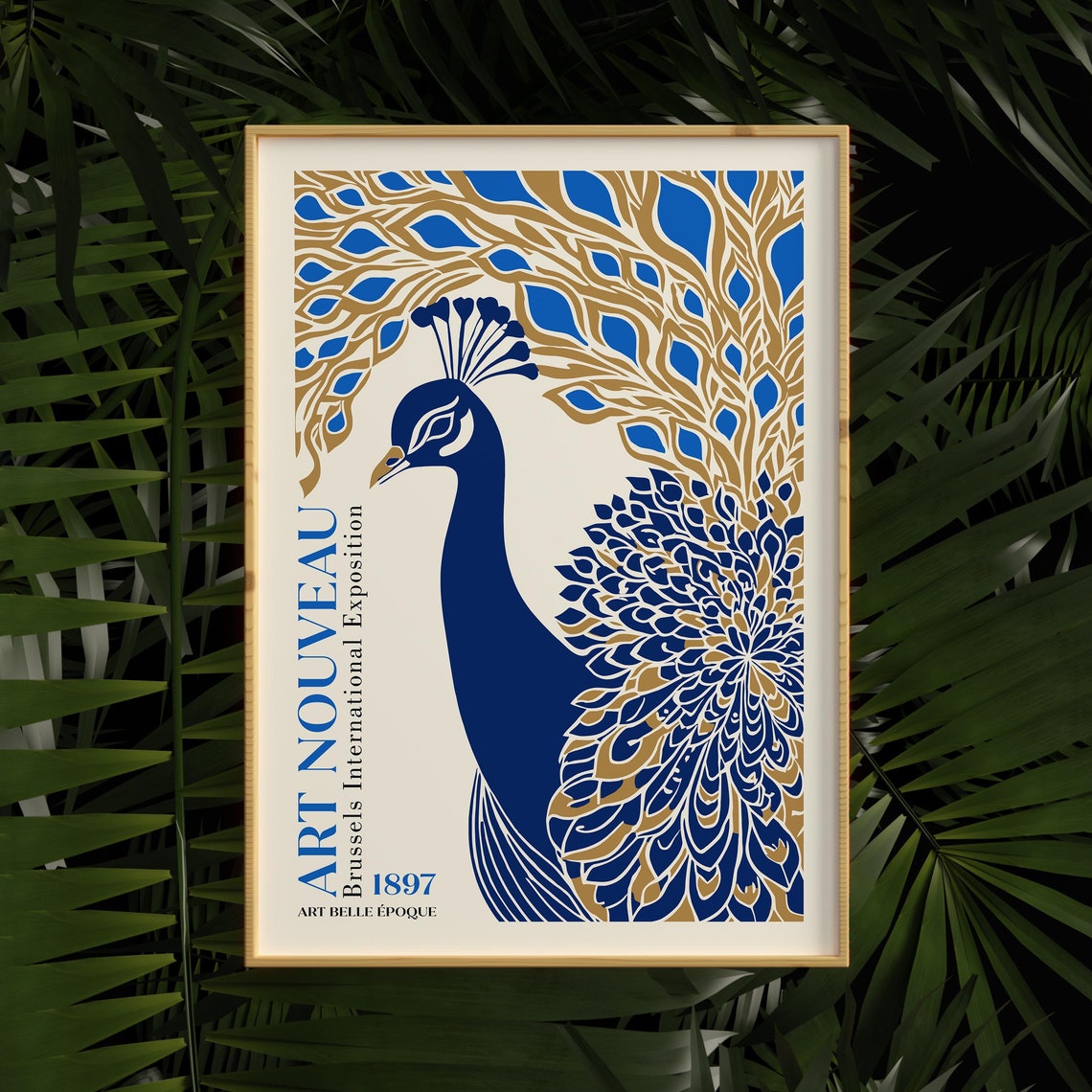 1897 Art Nouveau Blue Gold Peacock Brussels Exposition Poster