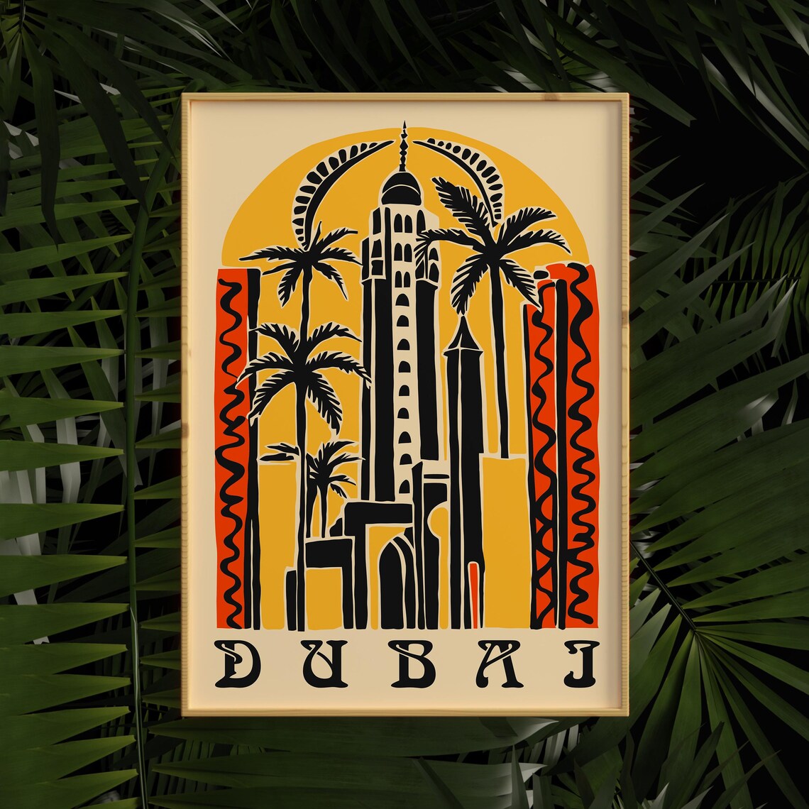Dubai Cityscape Art Deco Sunset Palm Trees Vintage Travel Poster