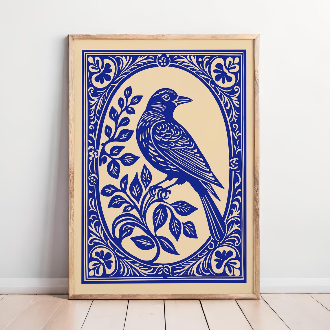 Cobalt Blue Songbird on Cream With Ornate Rococo Frame Poster