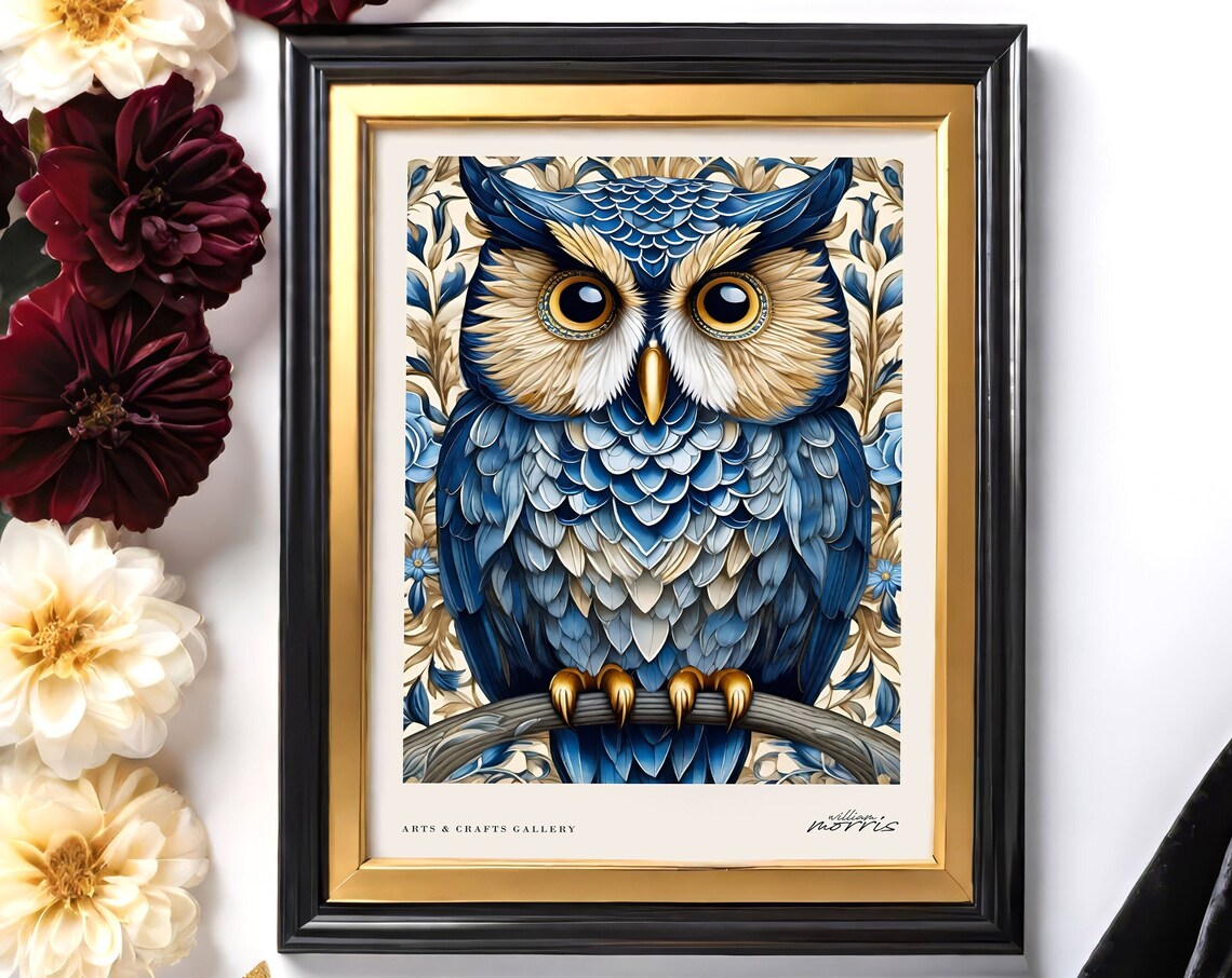 Blue Victorian Owl Arts and Crafts Gallery Bird Portrait Poster