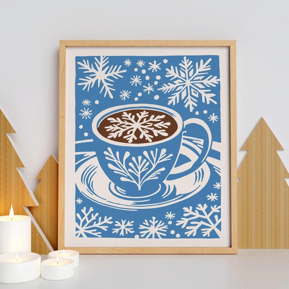 Light Blue Winter Coffee Poster Snowflake Coffee Cup Art Print Cozy Holiday Kitchen Decor Hygge Caf Wall Art Scandinavian Winter Decor